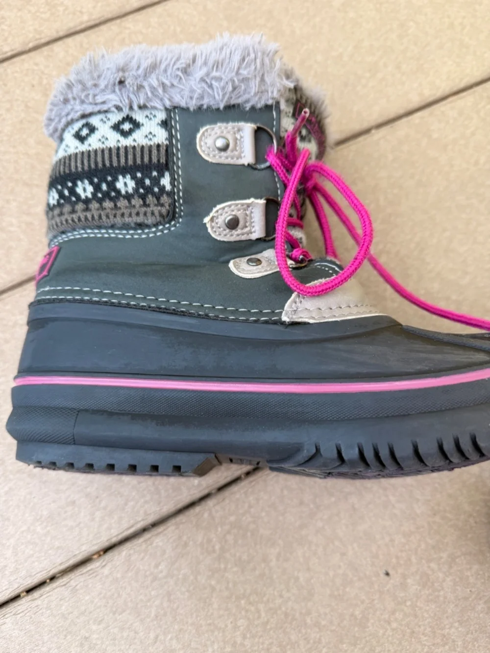London Fog Girls Gray Pink Waterproof Snow Boots Faux Fur Winter Youth Size 1